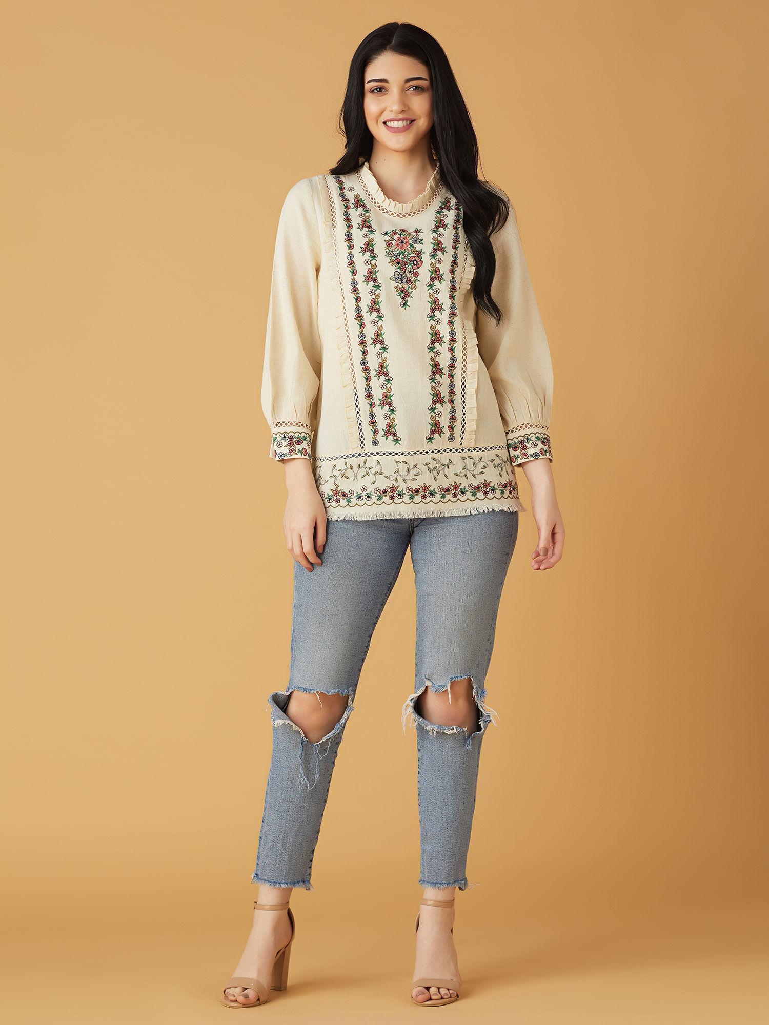 beige exquisite embroidered linen blouse