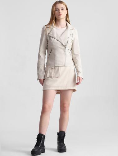 beige faux leather biker jacket