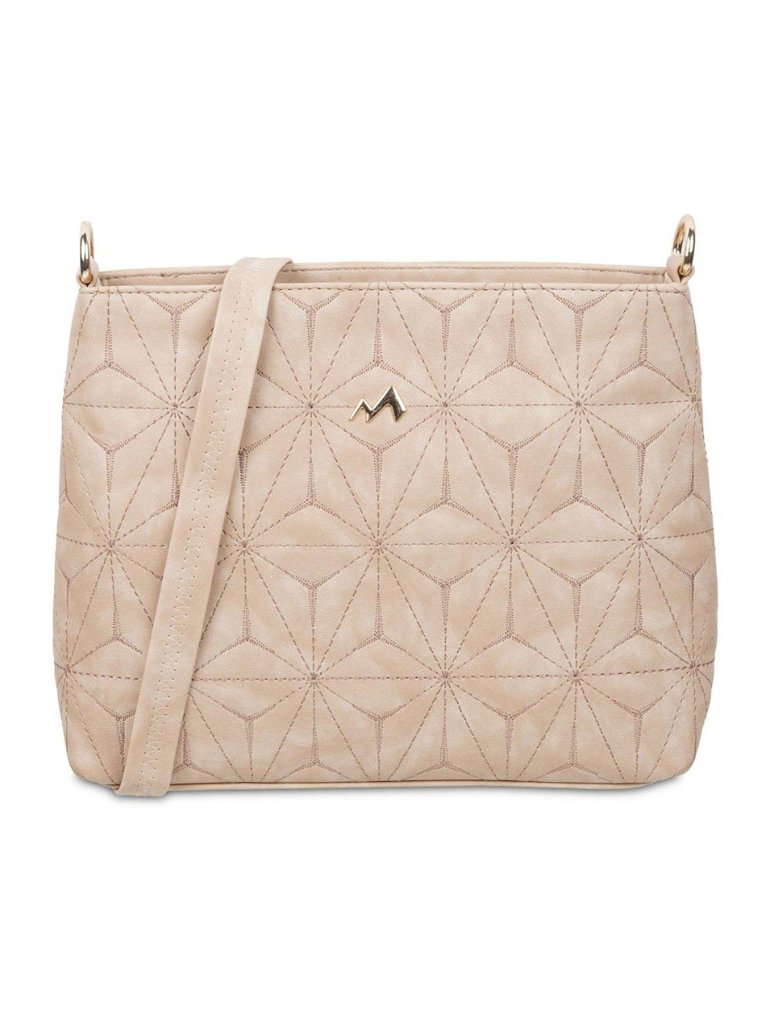 beige faux leather zip top sling bag (m)