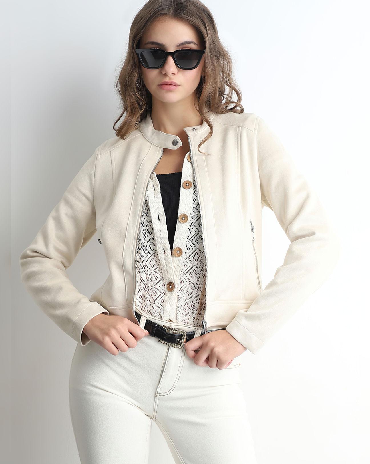 beige faux suede cropped biker jacket