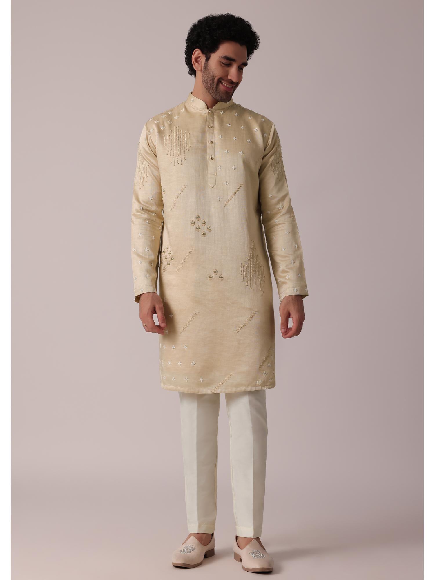 beige festive art silk kurta (set of 2)