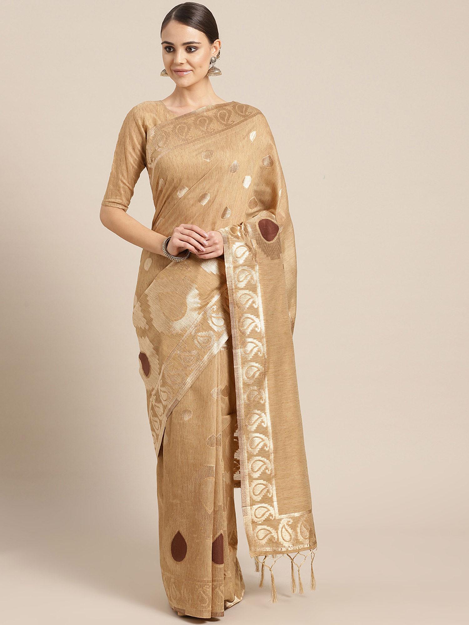 beige festive cotton silk woven saree with unstitched blouse
