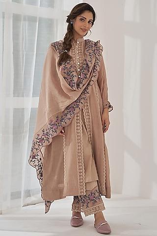beige fine chanderi lace embroidered kurta set