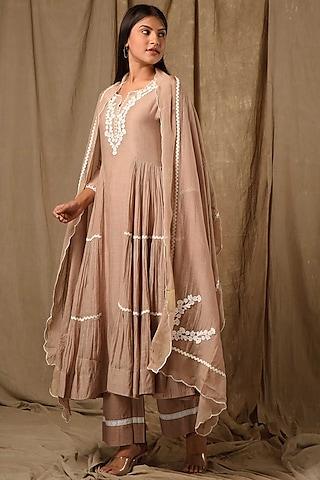 beige fine chanderi silk embroidered anarkali set