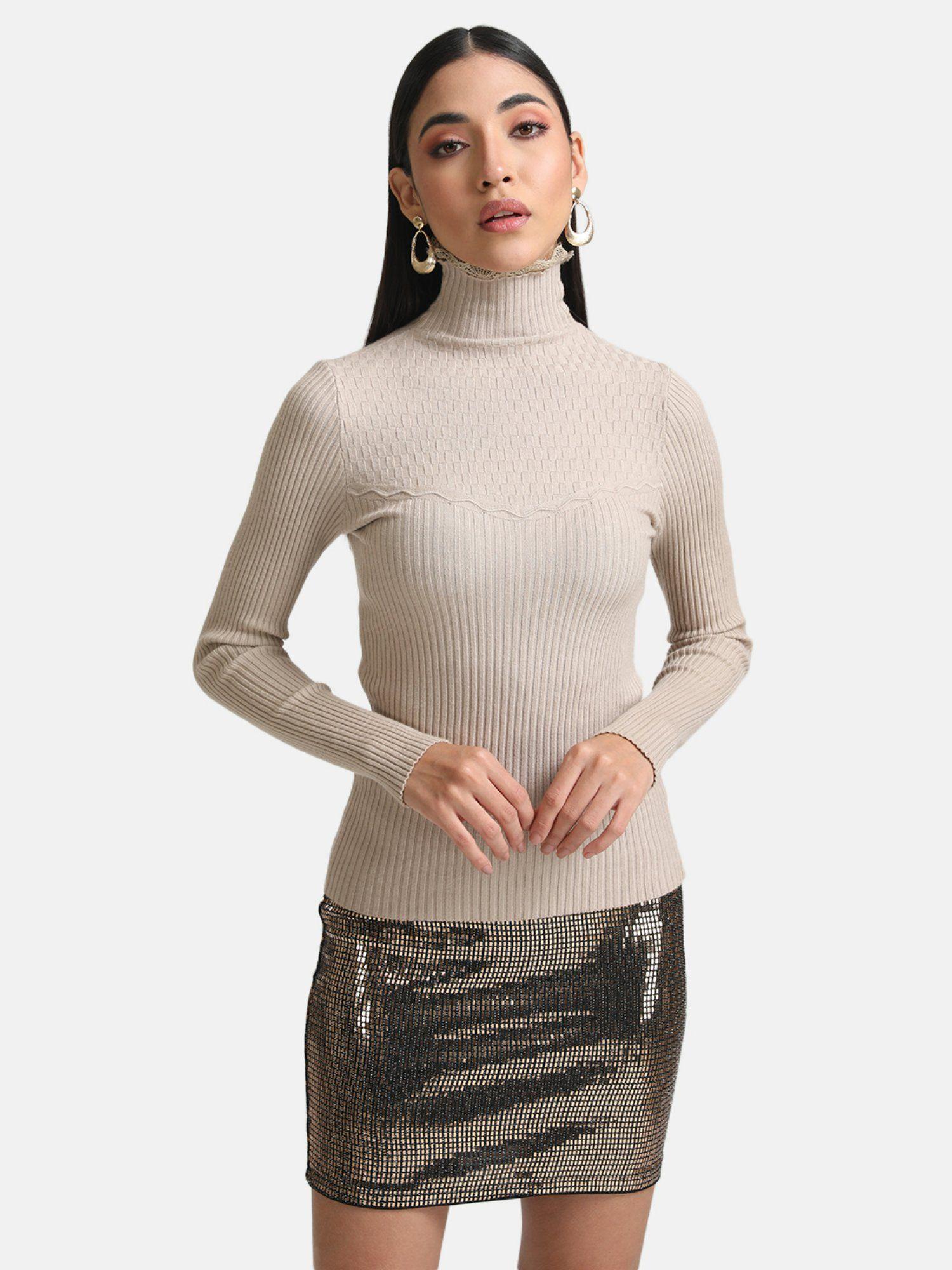 beige fitted turtle neck pullover