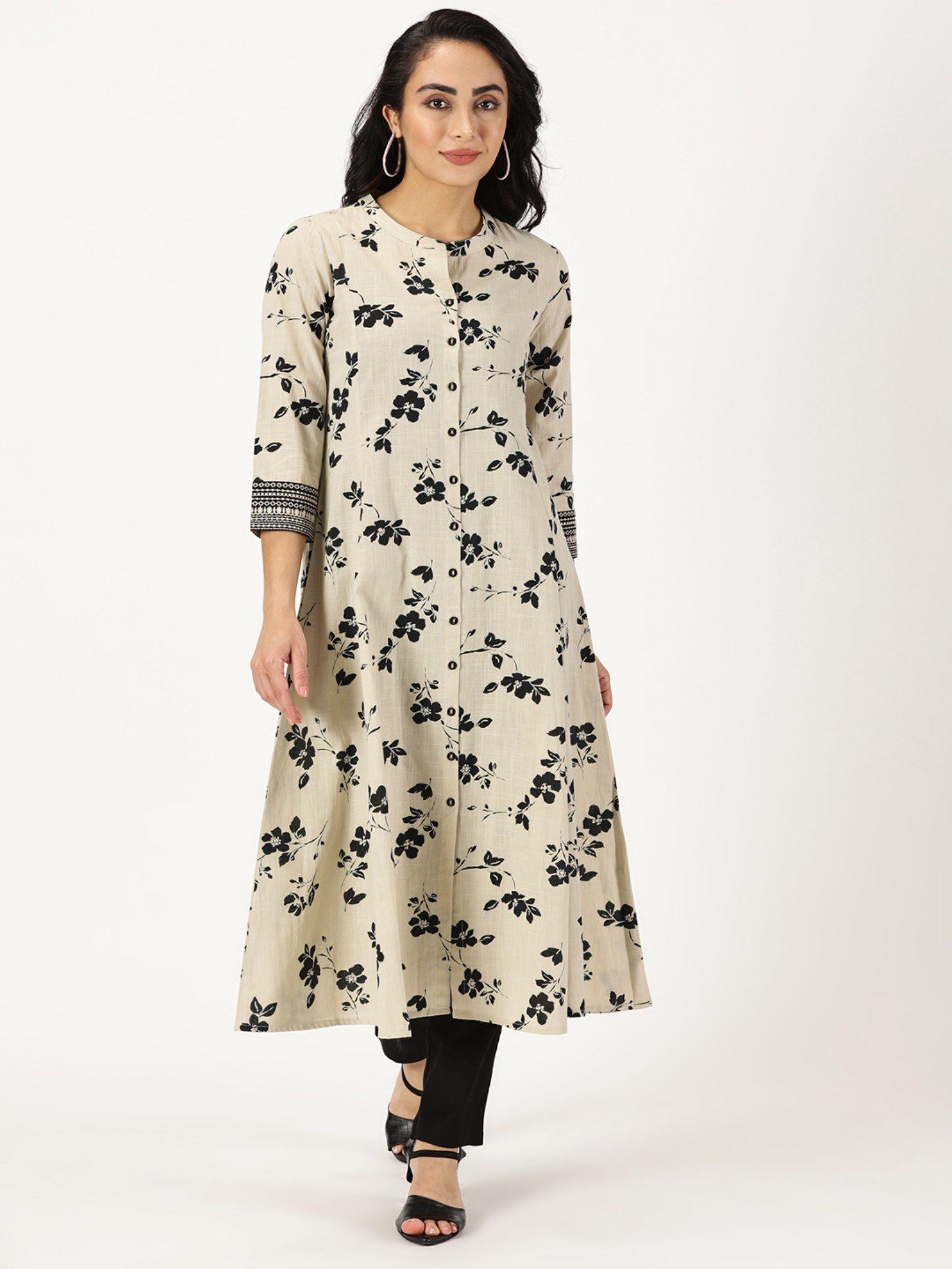 beige floral button down kurta with embroidery border