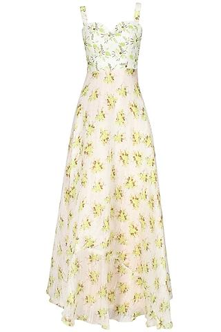 beige floral corset embellished gown