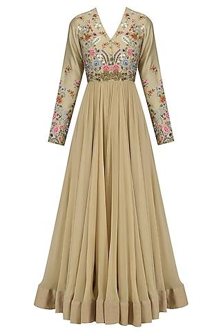 beige floral embroidered kalidaar anarkali set