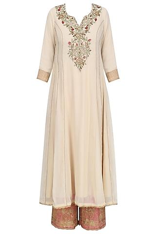 beige floral embroidered kalidaar kurta set with pink dupatta