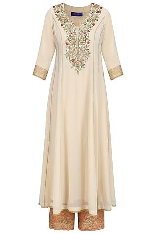 beige floral embroidered kalidaar kurta set with red dupatta