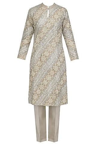 beige floral embroidered kurta and pants set