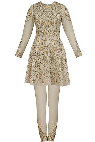 beige floral embroidered short anarkali set