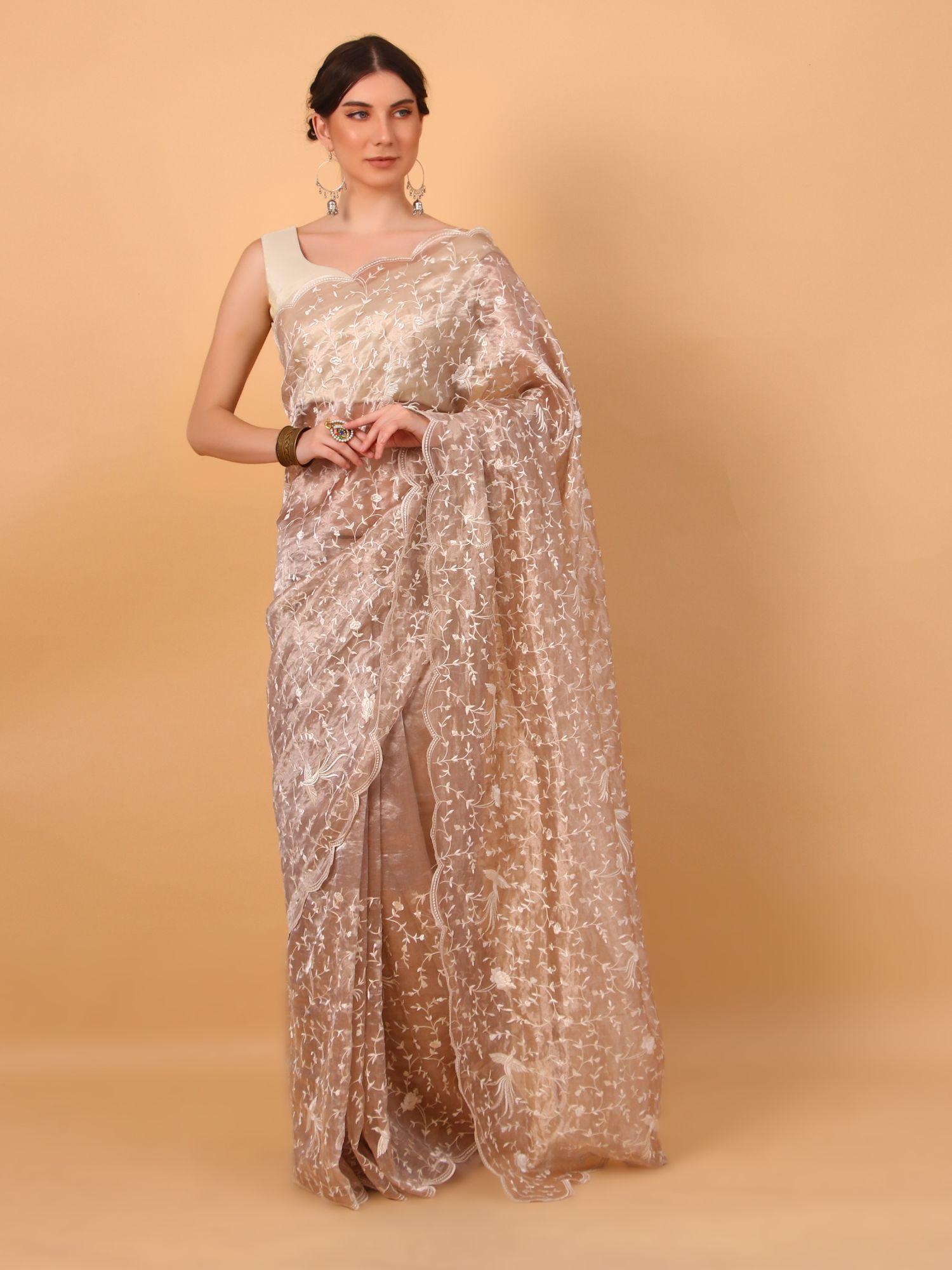 beige floral embroidery saree with stitched blouse