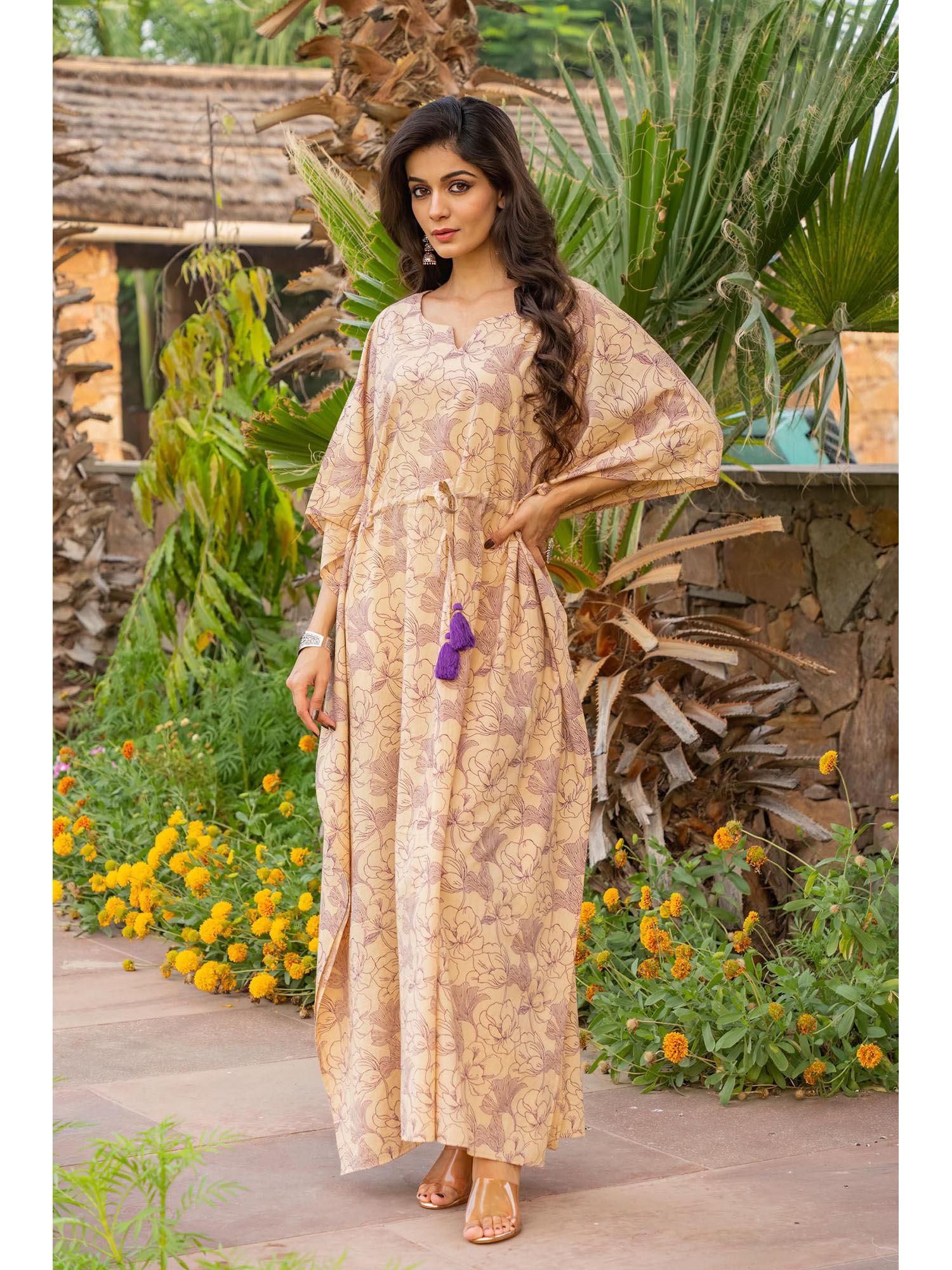 beige floral hand block printed purple long kaftan dress