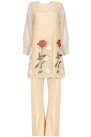 beige floral pakistani tunic and bell bottoms set