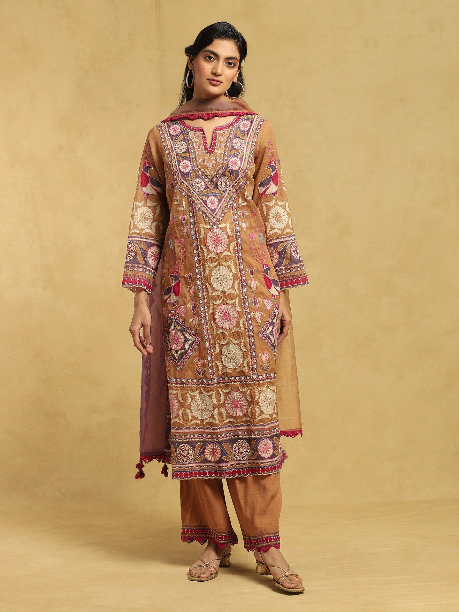 beige floral print a-line kurta with palazzo and dupatta (set of 3)