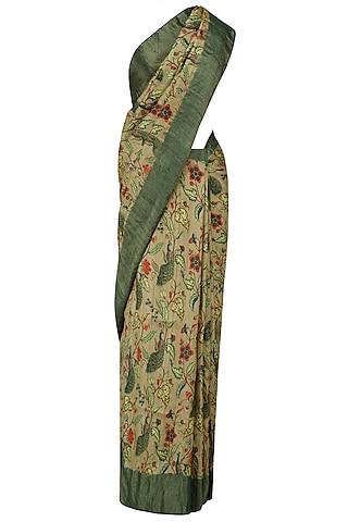 beige floral print and green border saree with unstitched blouse piece