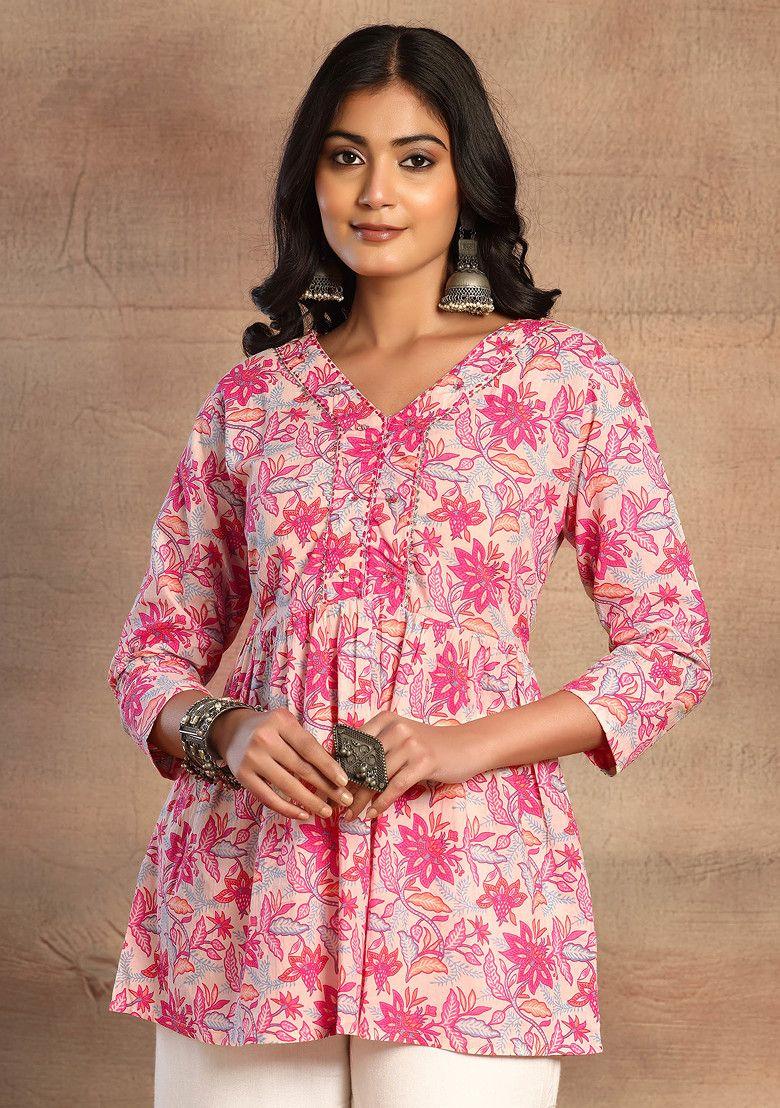 beige floral print cotton short peplum kurta