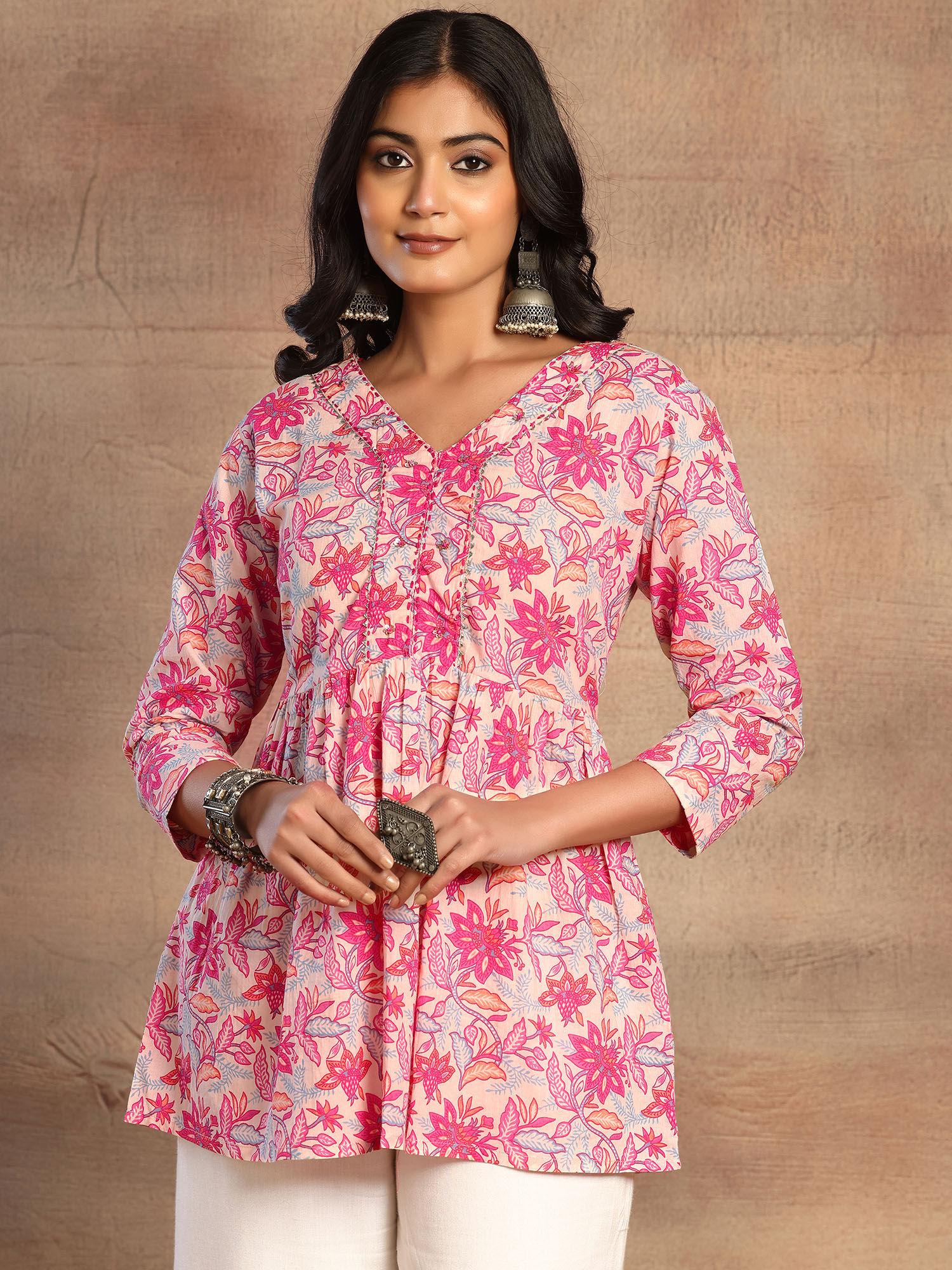 beige floral print cotton short peplum kurtis