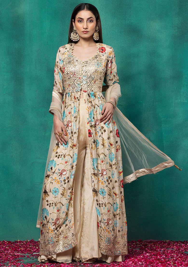 beige floral print embroidered kurta set with palazzo and dupatta