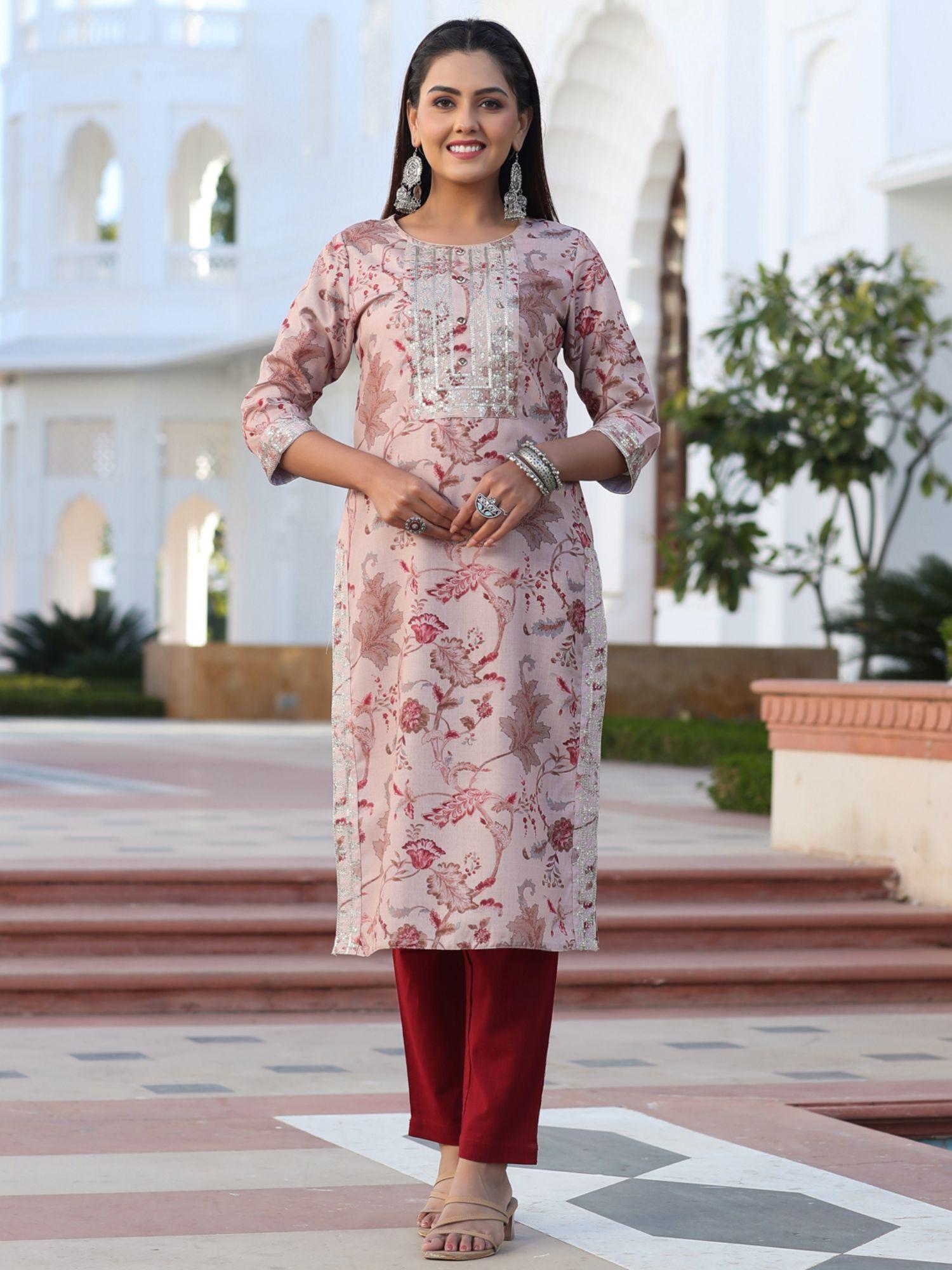 beige floral print kurta