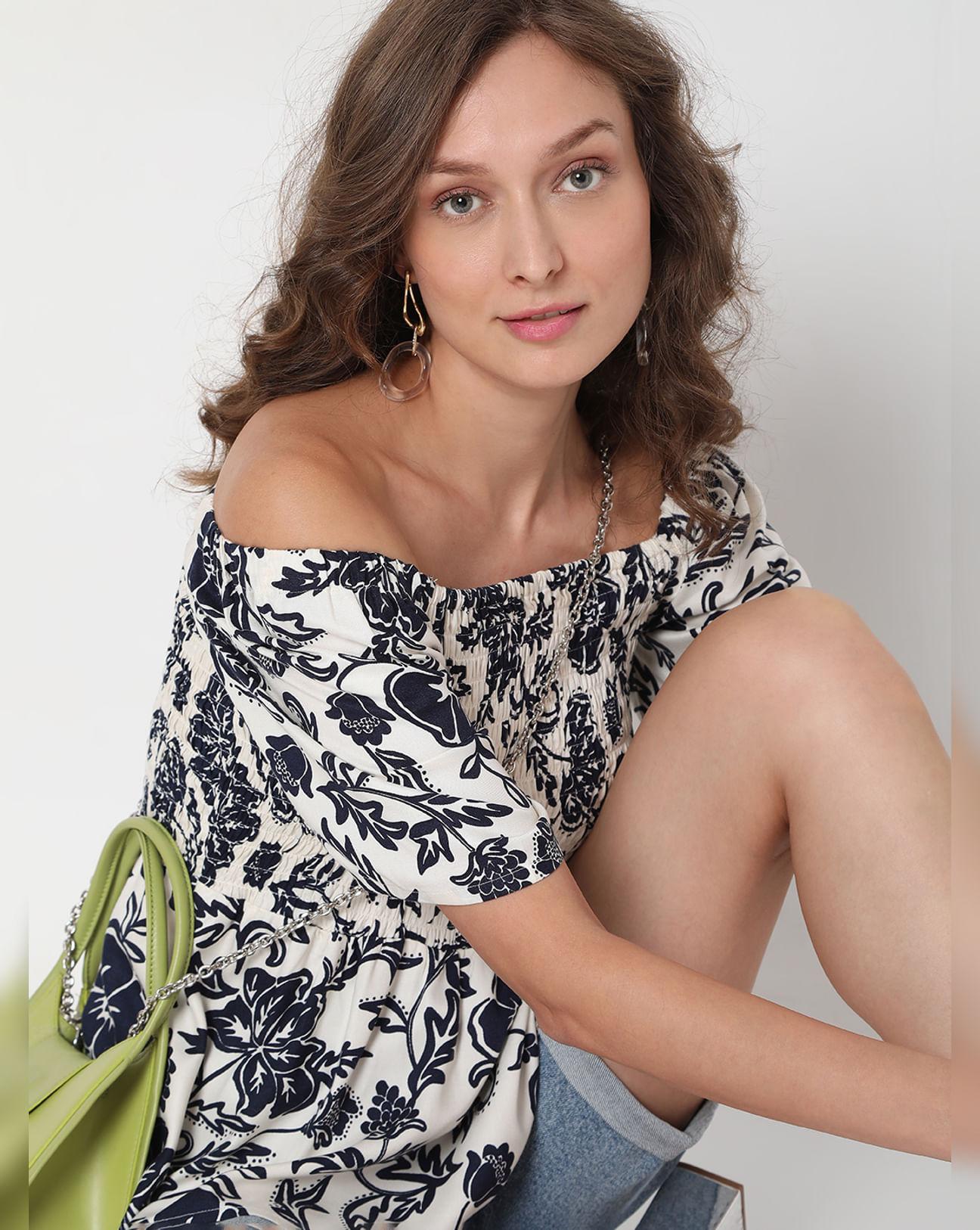 beige floral print off-shoulder top