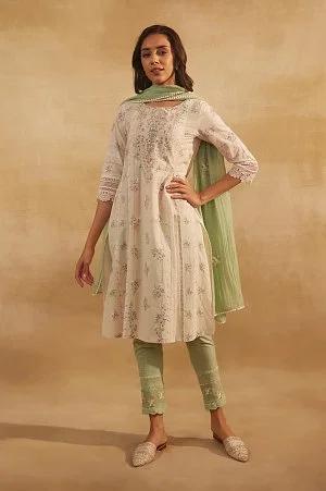 beige floral print round neck cotton kurta