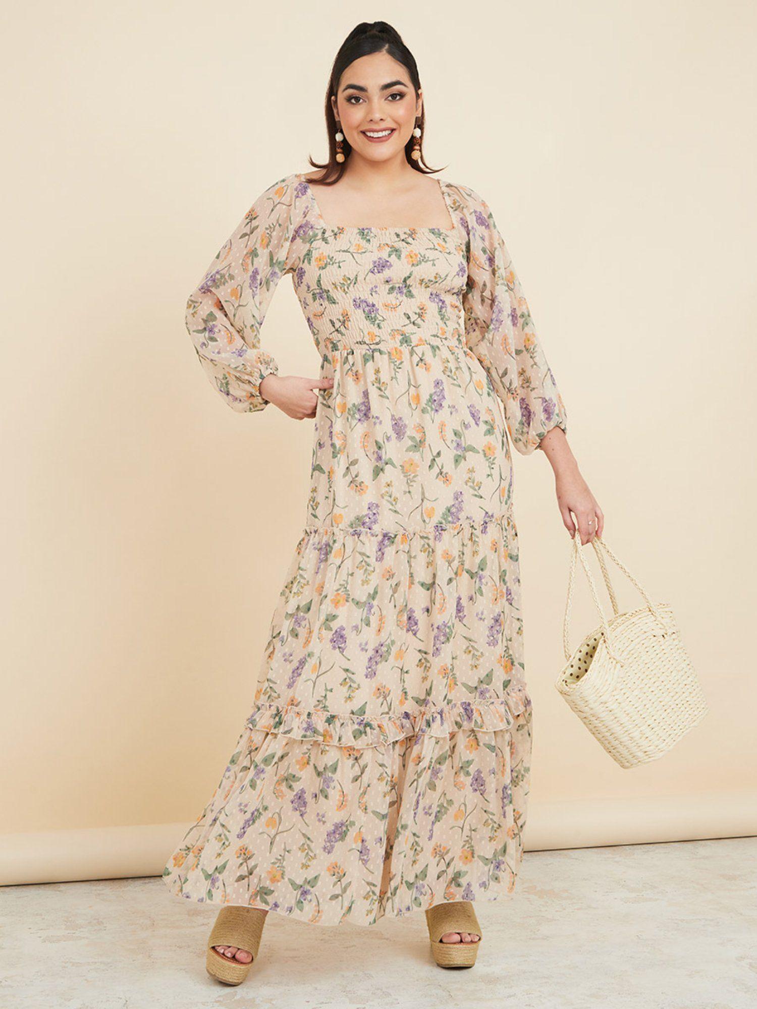 beige floral print tiered maxi dress