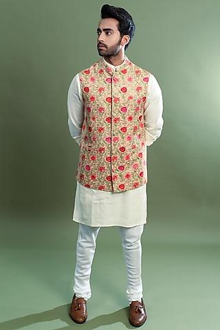 beige floral printed bundi jacket