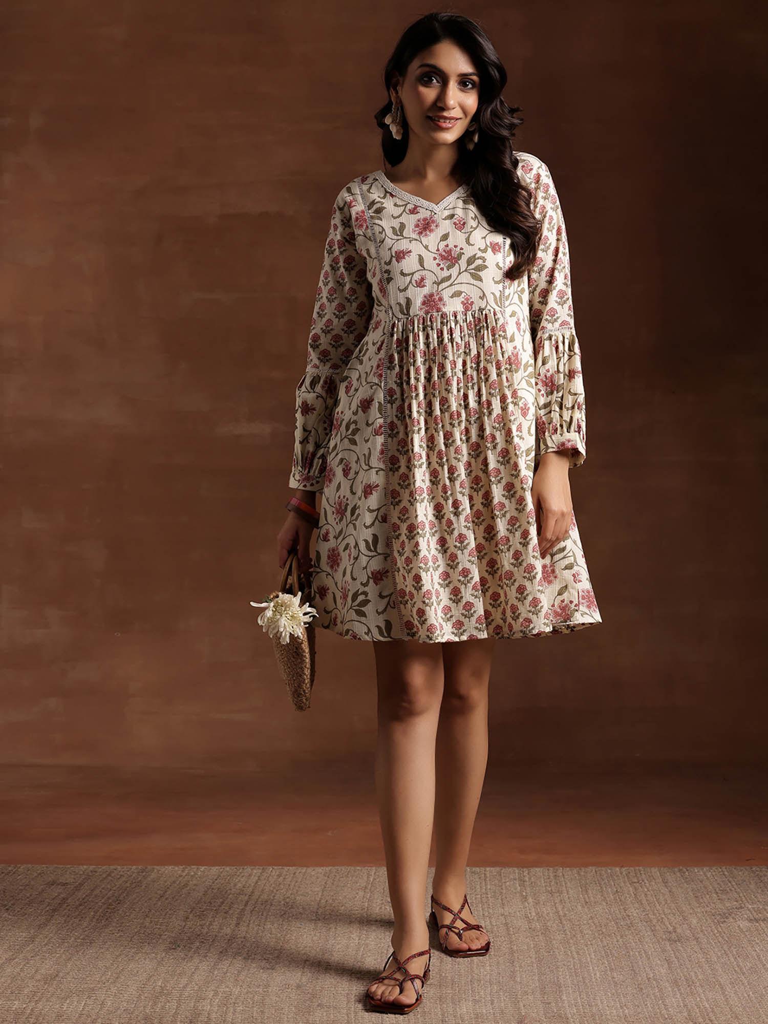 beige floral printed cotton blend mini dress with a panelled style & laces