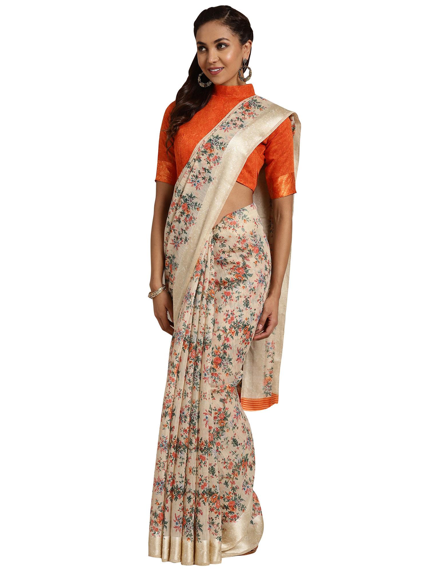 beige floral printed cotton silk saree with unstitched blouse piece