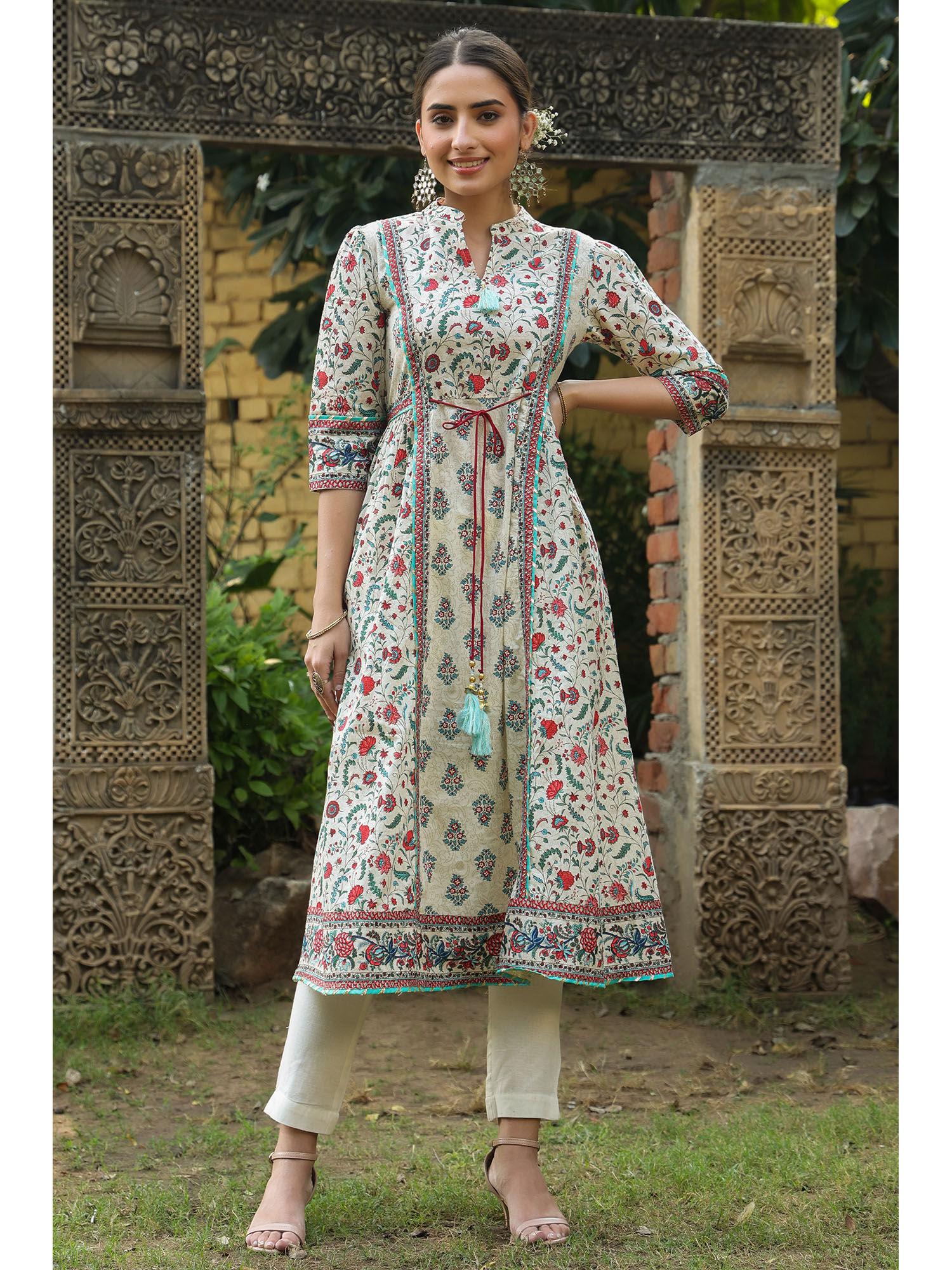 beige floral printed pure cotton flared kurta.