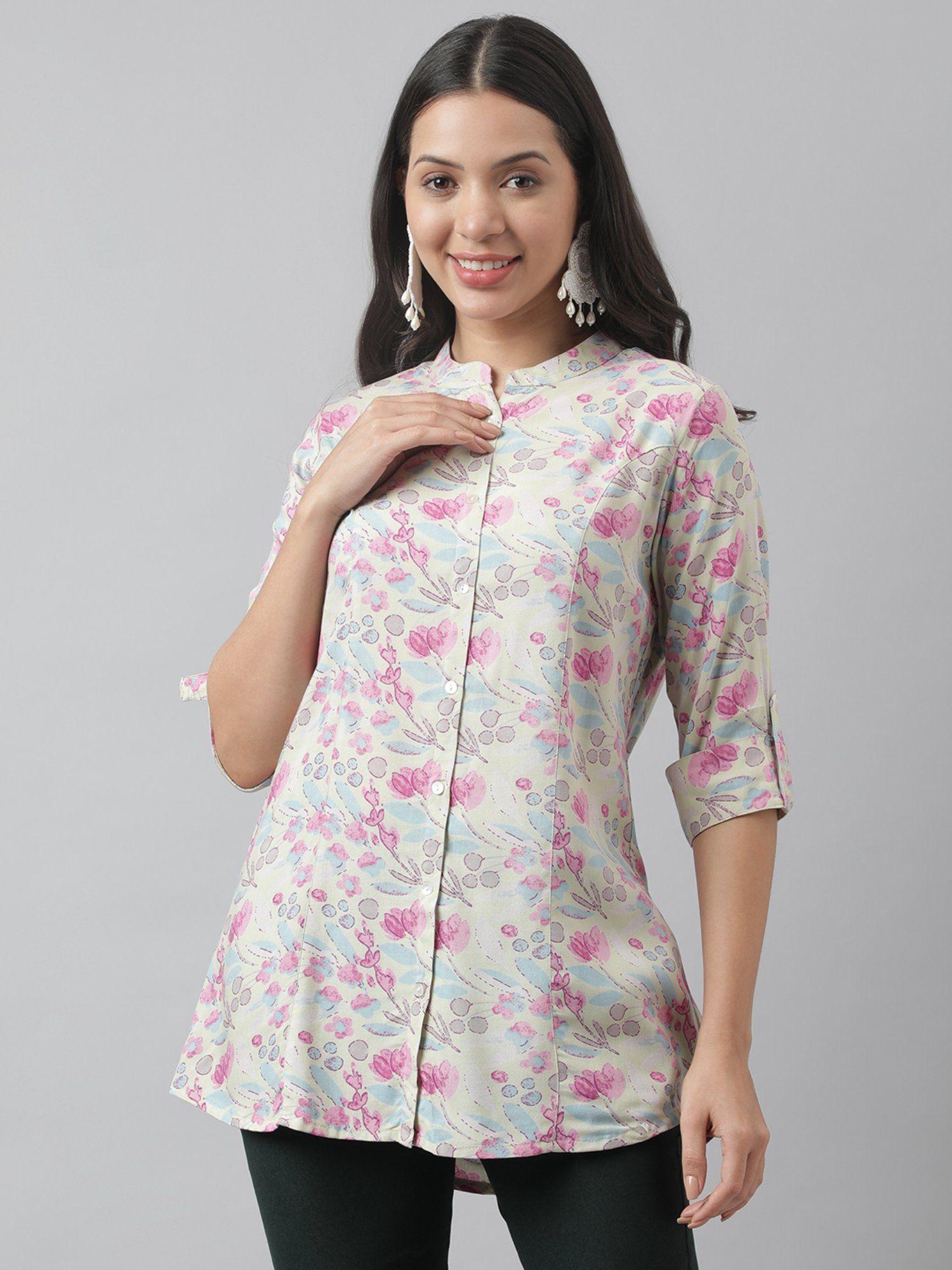 beige floral printed rayon a-line shirt style top