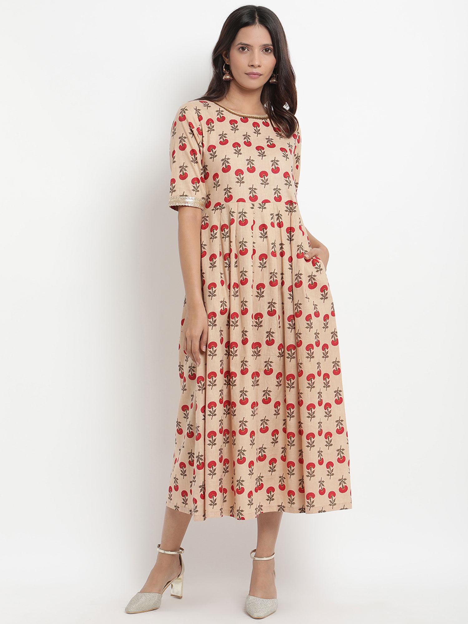 beige floral printed tassel flared dress