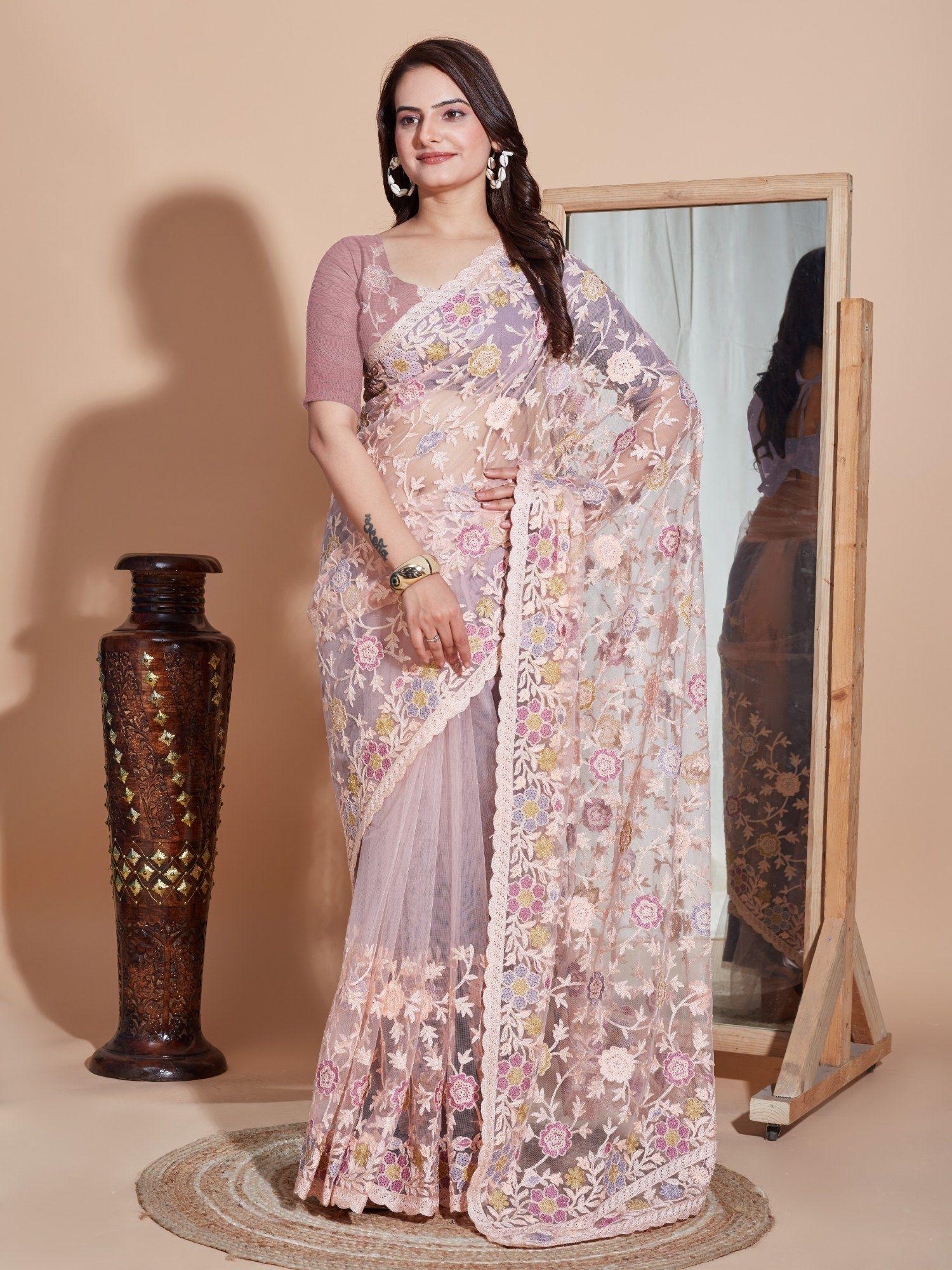 beige floral soft net embroidery saree with unstitched blouse