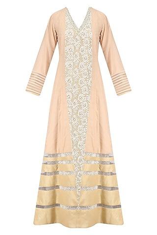 beige floral thread work anarkali kurta and jacket set