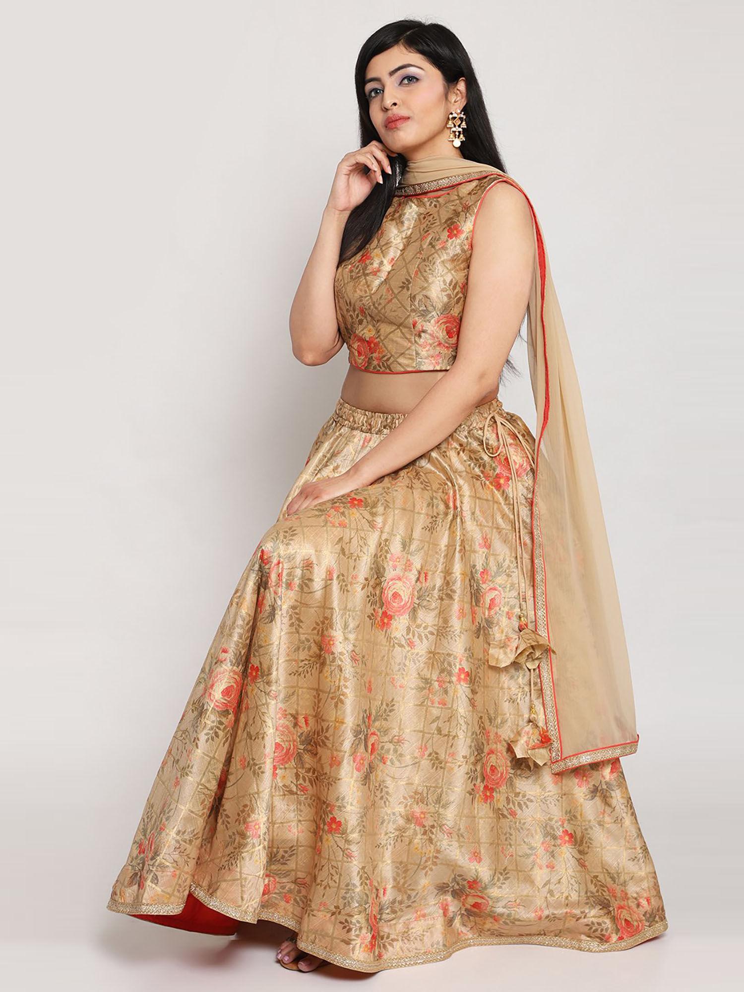 beige floral top & lehenga with dupatta (set of 3)