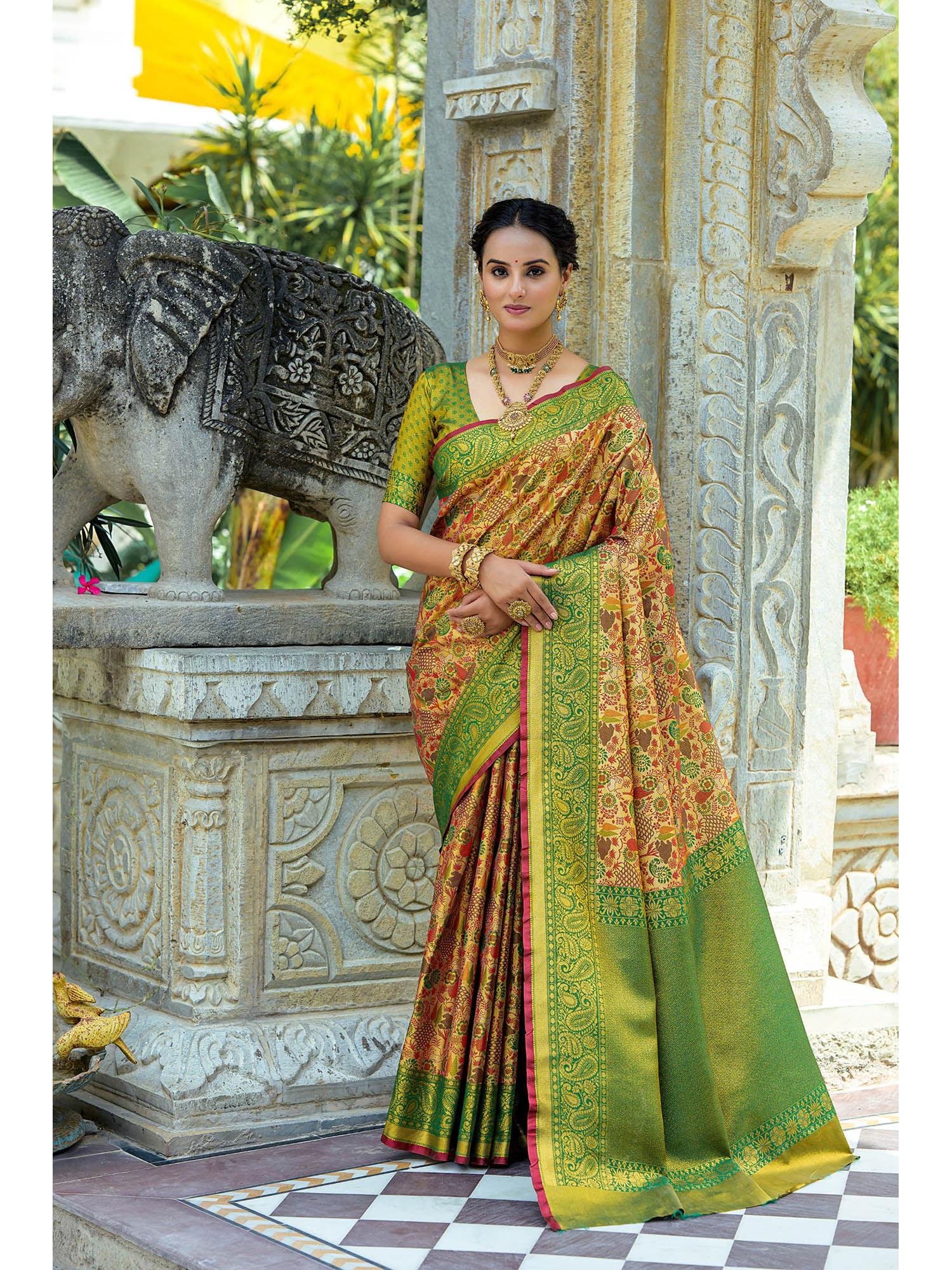 beige floral zari woven kanchipuram silk saree with unstitched blouse