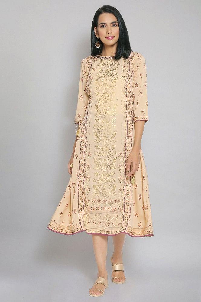 beige foil print flared dress