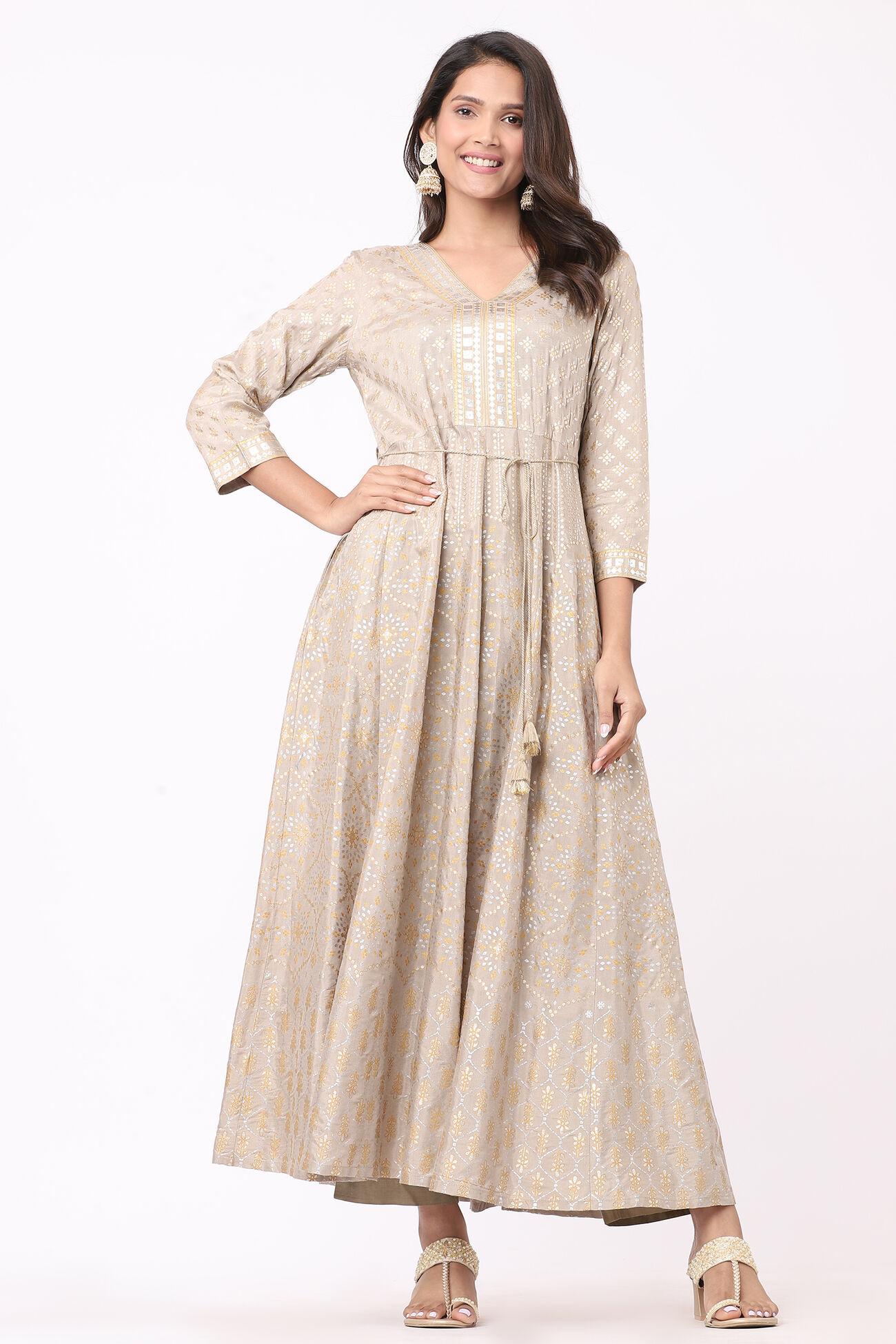 beige foil print flared slip-on kurta