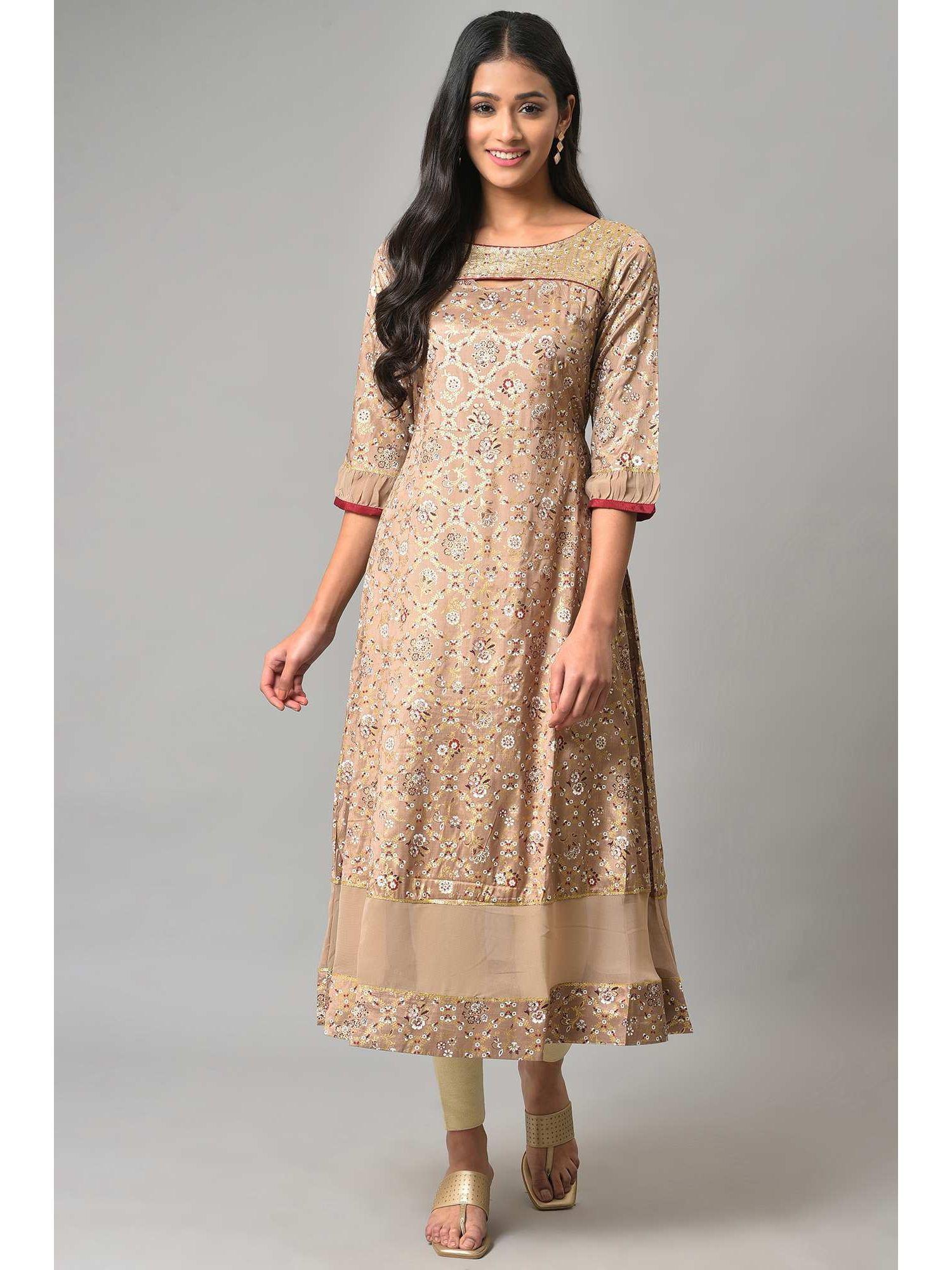 beige foil printed a-line liva kurta