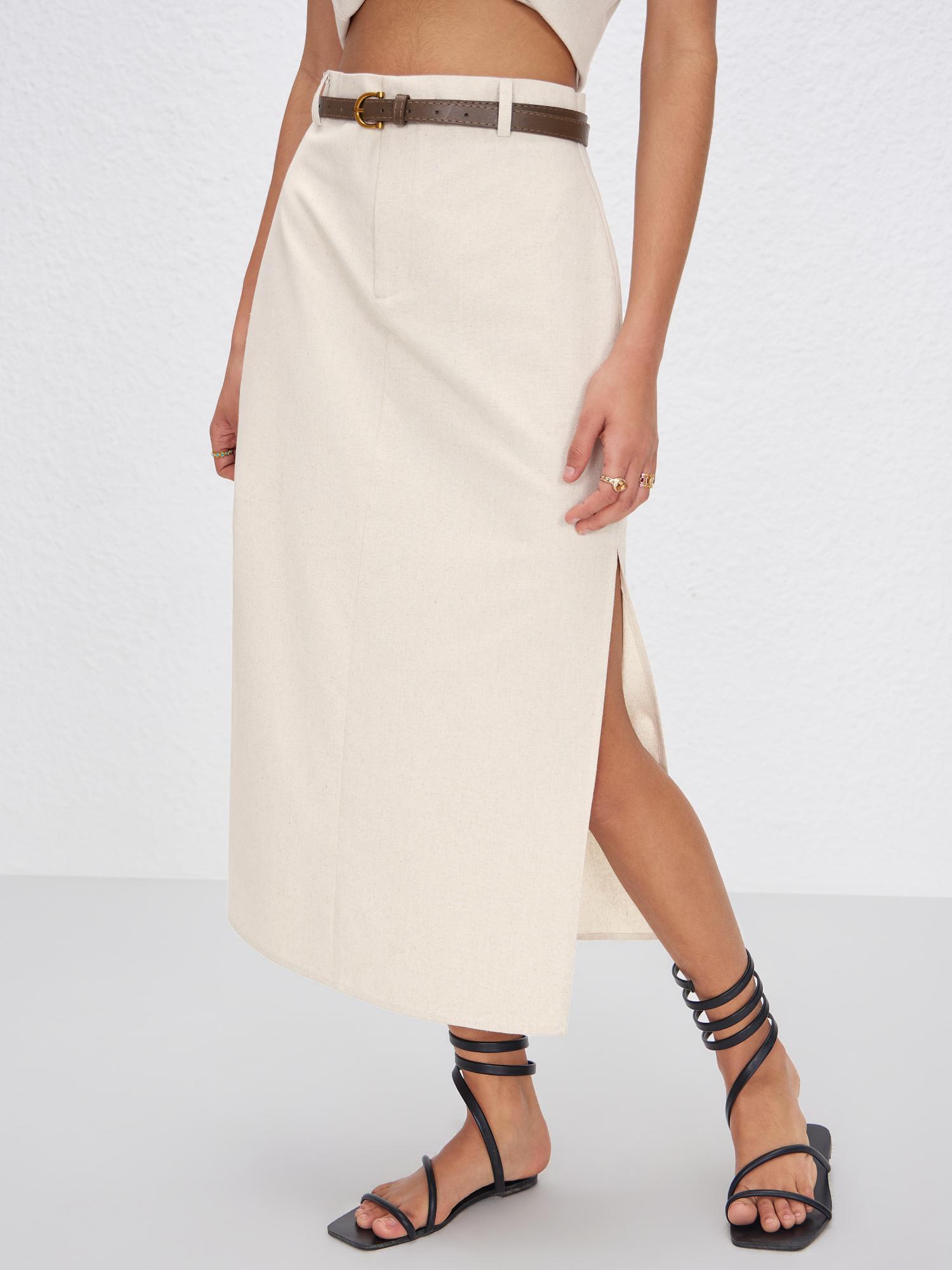 beige french riviera vacation linen blend mid rise solid midi skirt with belt (set of 2)