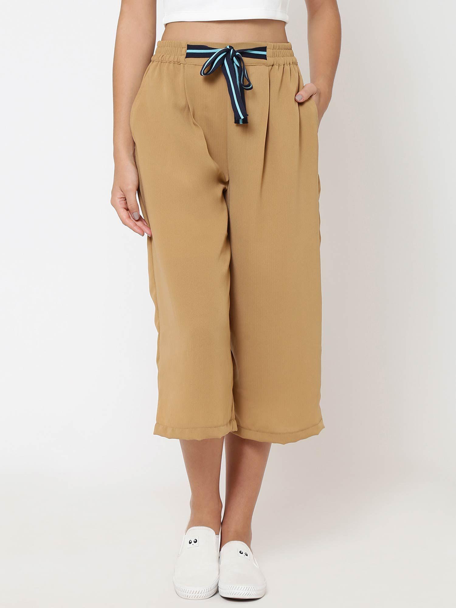 beige front knot cropped wide leg pant