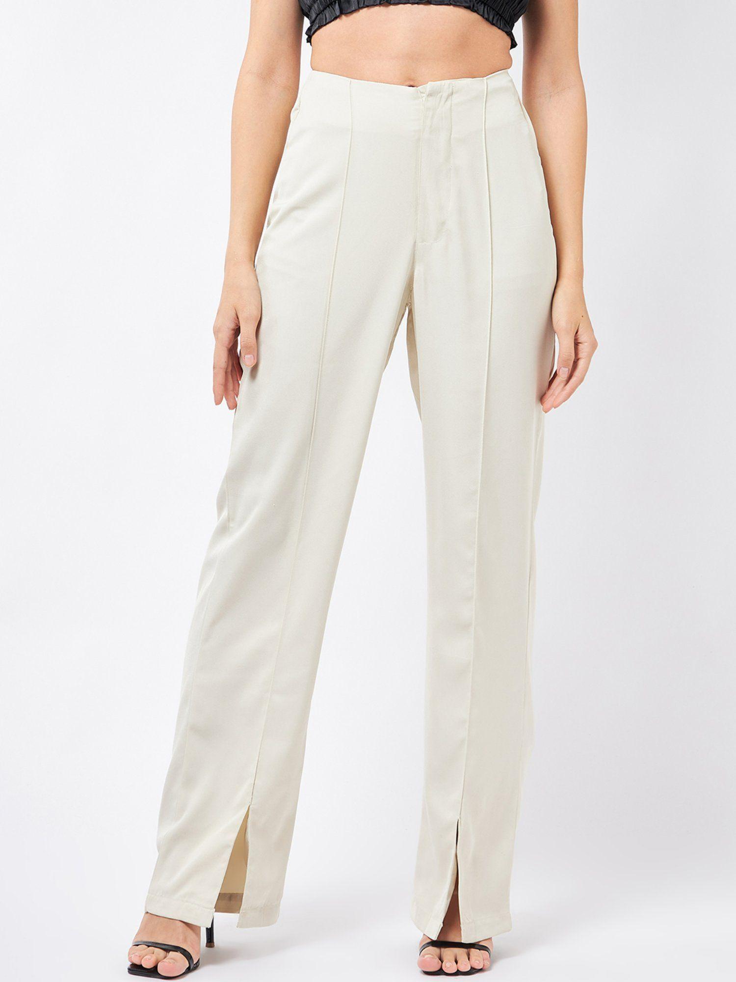 beige front slit trousers