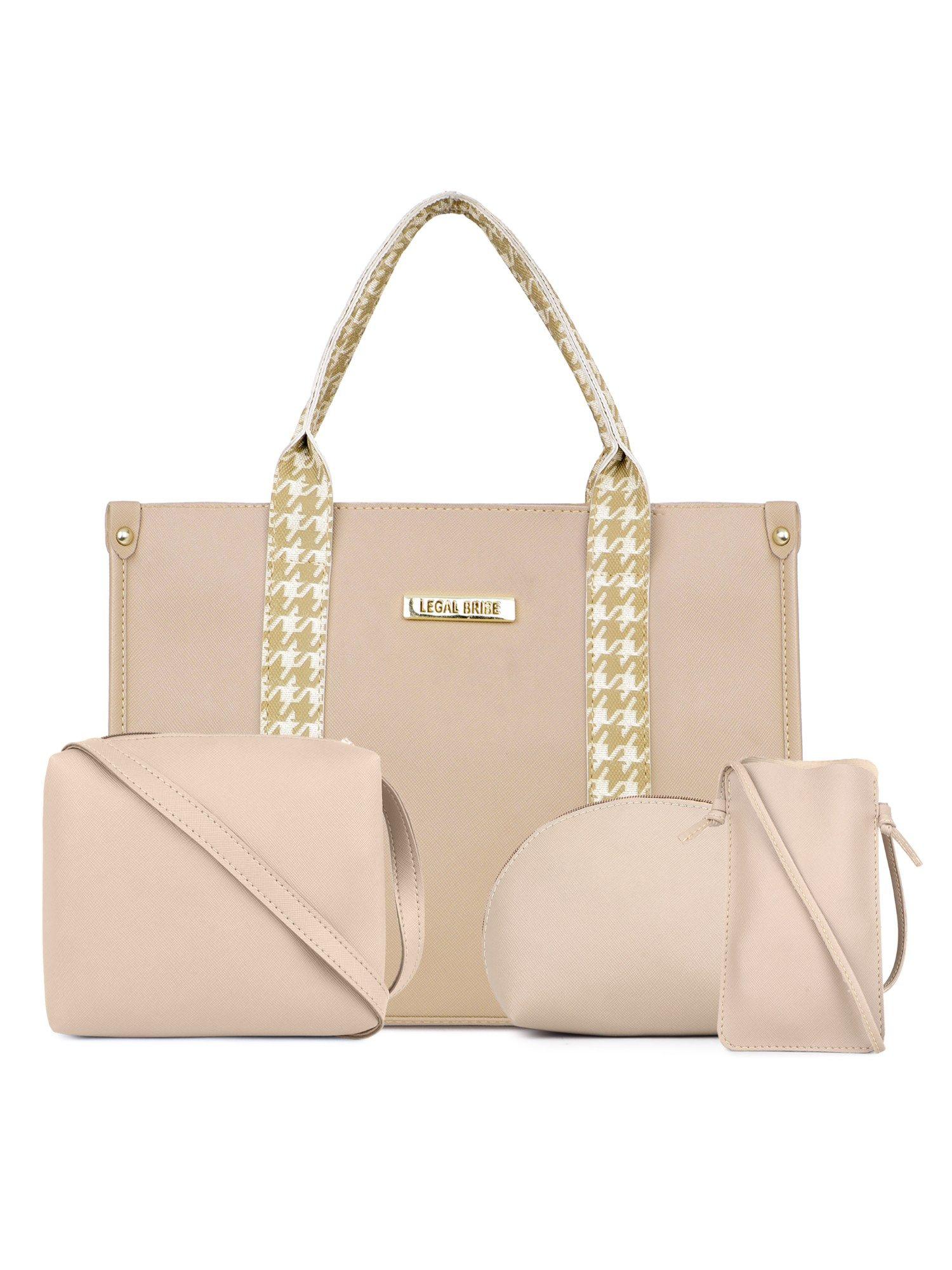 beige front strap solid handbag (set of 5)