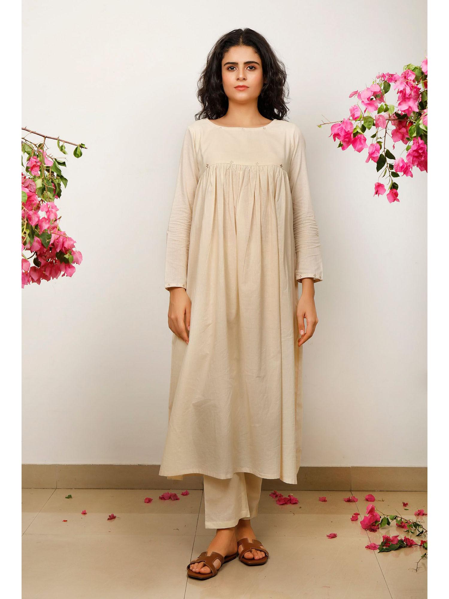 beige gathered cotton kurta