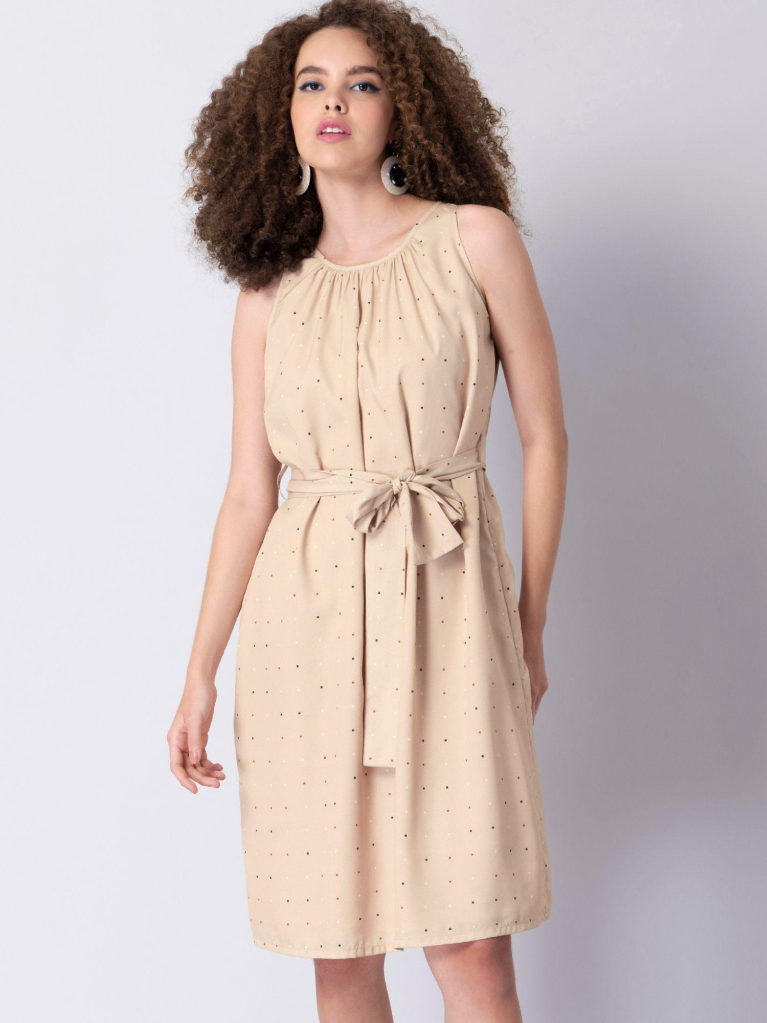 beige geometric belted gathered midi dress