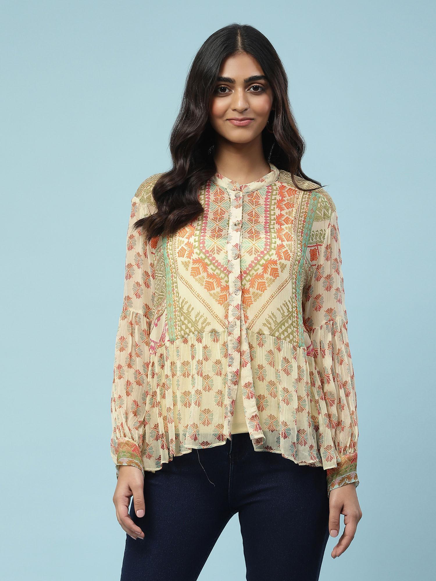 beige geometric print top with camisole (set of 2)