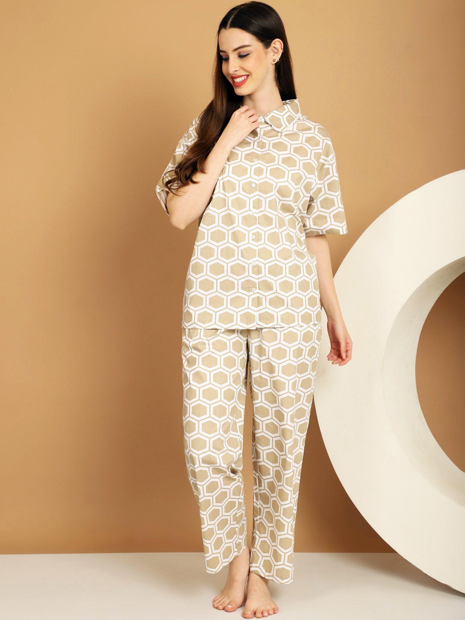 beige geometric printed pure cotton night suit (set of 2)