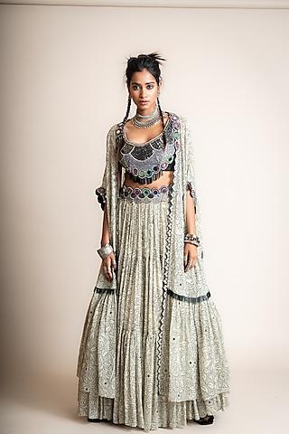 beige georgette & crepe printed jacket lehenga set